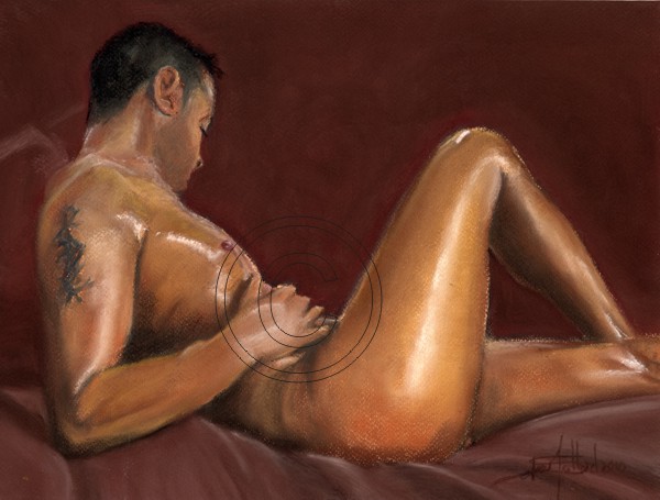 Male reclining tattoo on arm